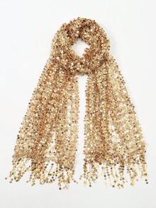 1 pièce Foulard bohème de style rue pour femmes avec paillettes dorées et franges, foulard de soirée de luxe en maille pour femmes, foulard brillant, convient pour la rentrée scolaire, les fêtes de campus, les vacances à la plage, les voyages de vacances, Halloween - Doré - Voir 4