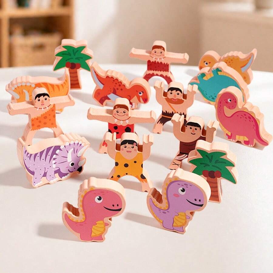 1 Set Dinosaur Strongman Balance Stacking Wooden Blocks, Cartoon Primitive Man Stacking Toy For Toddlers, Parent-Child Interactive Focus Training Early Education Educational Toy