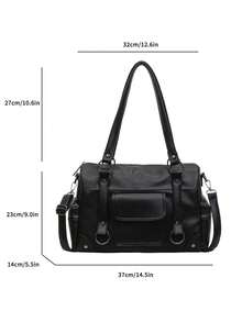 Metal Ring Rivet Decor Double Shoulder Handbag With Multiple Pockets, External Patch Pockets, Side Zipper Compartment, Layered Storage, Main Zipper Anti-Theft Large Capacity For Laptop, Umbrella, Cosmetics, Commuter Essentials, Versatile Tote Bag For Office Workers Daily Commute And Short Trips - Black - View 2