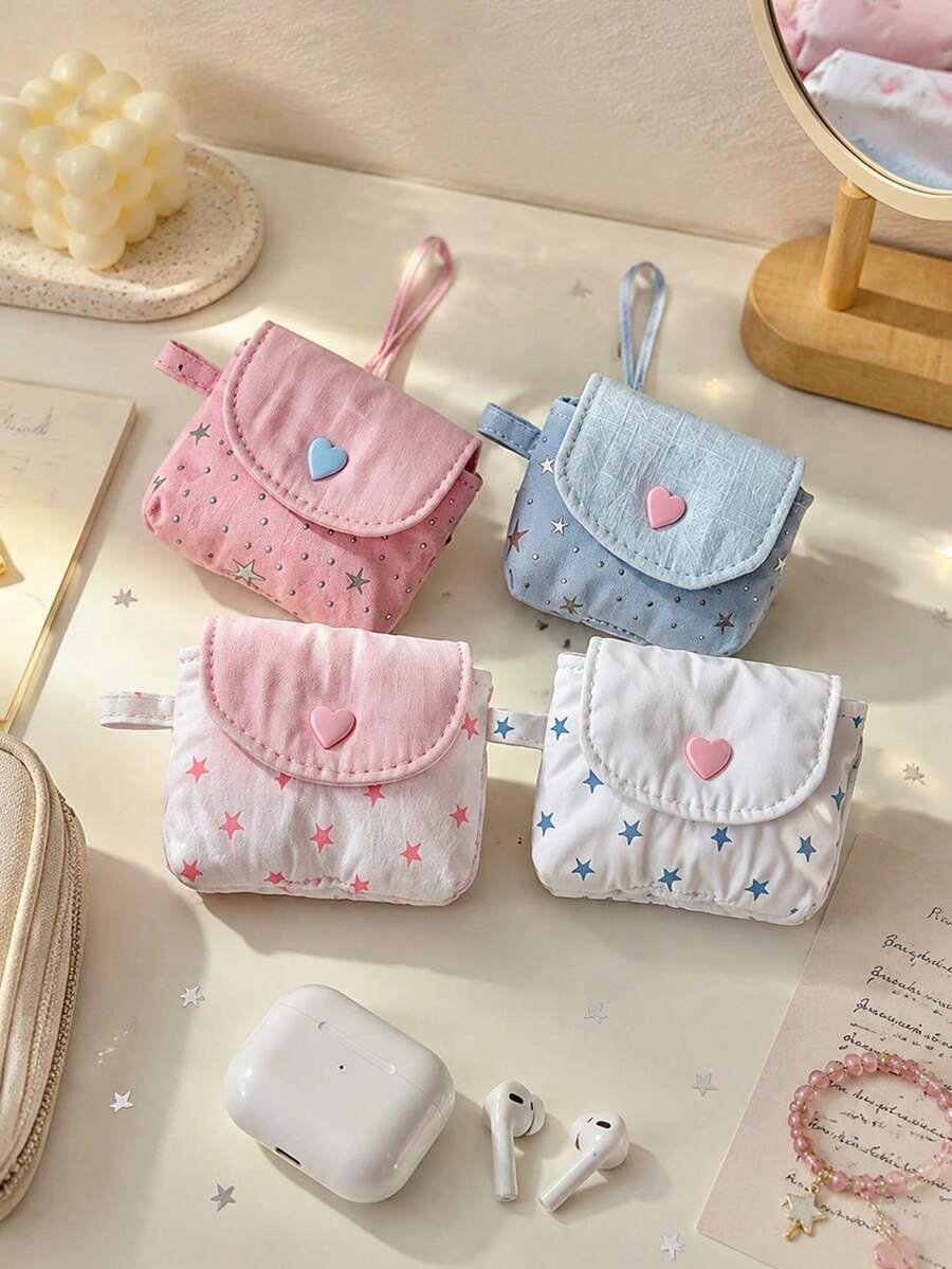 12/1pc Aesthetic Pastel Fabric Wireless Earphone Protective Case With Star Sequin Pattern And Heart-Shaped Snap Button, Mini Earphone Storage Bag, Portable Key And Coin Organizer, Suitable For University, Office, Daily Use, All Seasons