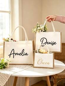 Personalized Custom Embroidered Name Canvas Linen Tote Bag, Large Capacity Handbag, Bridesmaid Gift Bag, Casual Commuter Shopping Shoulder Bag For Women - Multicolor - View 3