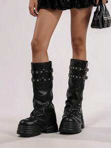 Goth Women's Fold Over Knee High Boots Platform Y2k Punk Thick Sole Belt Buckle Wedges High Heels Motorcycle Ruched Slouchy Boots Fashion Halloween - Black - View 4