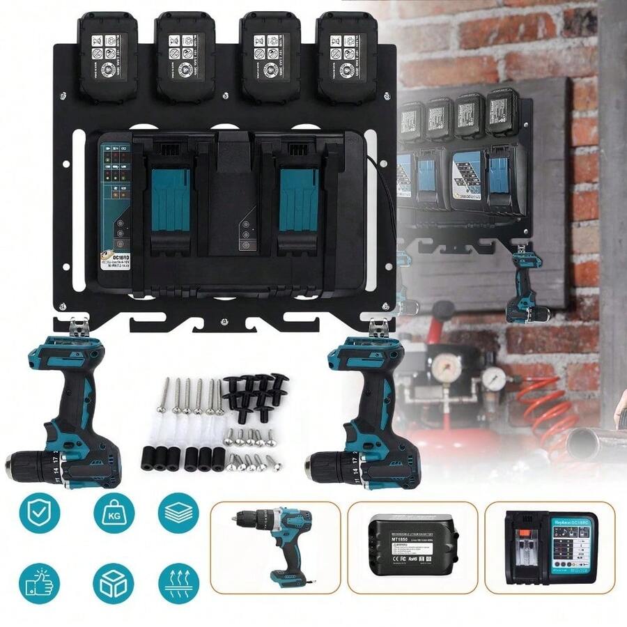 Großer, wandmontierter Organizer für Elektrowerkzeuge, Halterung für robuste Bohrmaschinen, Werkzeugaufbewahrung, Batteriefach für Werkstatt, Schuppen, Keller - Blau - Übersicht 1