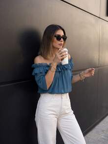 1pc Women's New Solid Color Chiffon Puff Sleeve Off Shoulder Blouse, Pleated Ruffle Trim, Casual Wear For Spring/Summer, Vacation, Date, Travel - Blue - View 5
