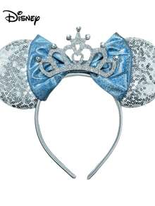 1pc Disney Cartoon Sequin White + Crown + Blue Bow Headband, Sequin Bow Hair Accessory, Cartoon Mickey Mouse Headband Sequin Mickey Mouse, Suitable For Amusement Park Photos, Holiday Parties - Multicolor - View 3