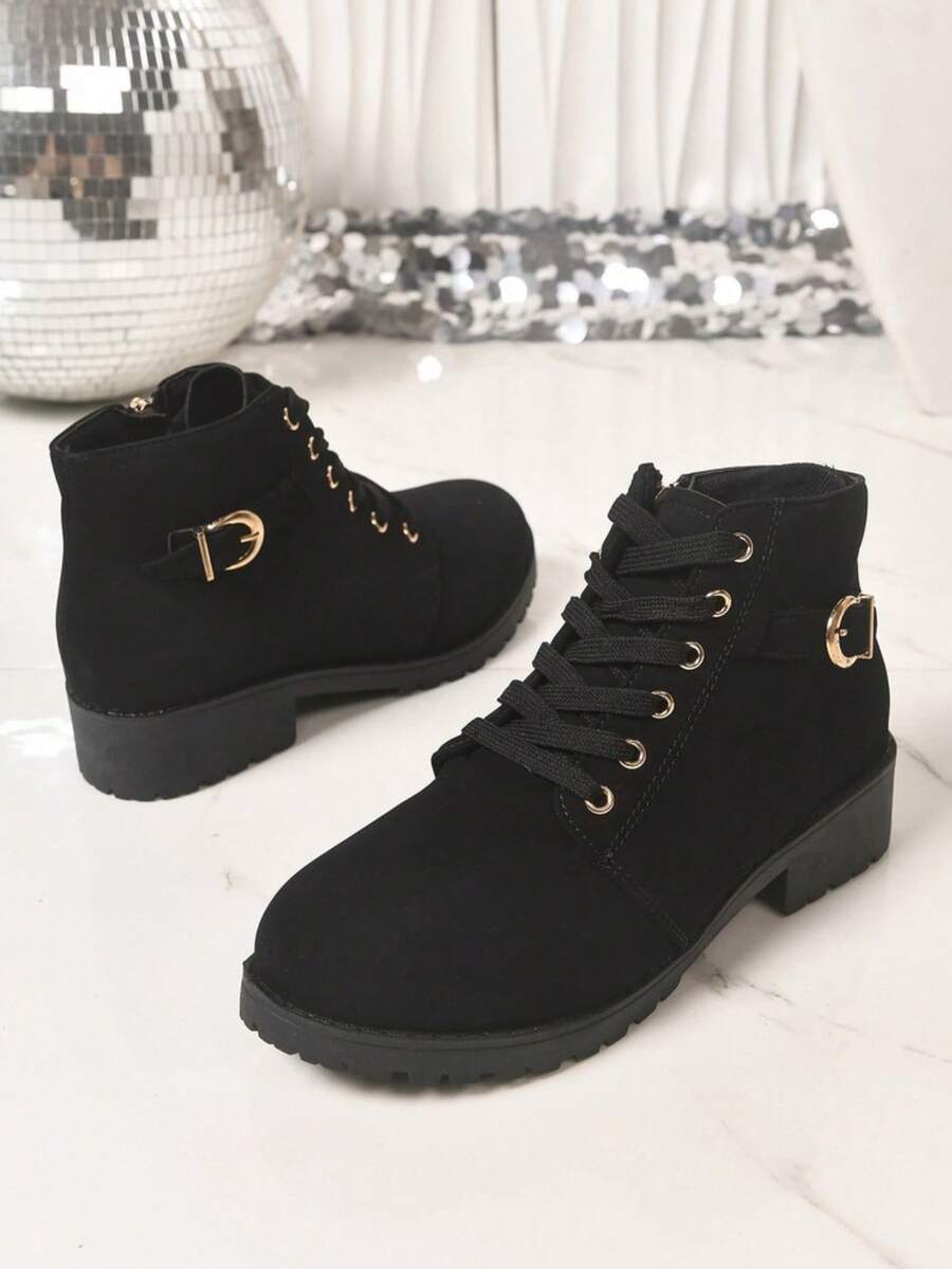 Vintage British Style Metal Buckle Chain Decor Women's Boots, Round Toe Side Zipper Thick Sole Ankle Boots, Daily Commute Boots