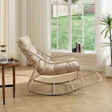 Outdoor Rocking Chair, Comfy Cushion, With Soft Thick Cushion,For Living Room, Bedroom, Reading Room, Beige Frame With Beige Cushion - A - View 2