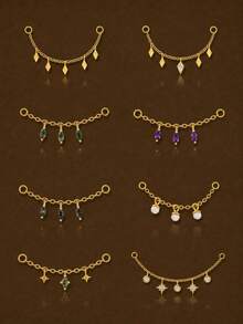 1pc 925 Sterling Silver Moss Agate Star-Shaped Marquise Opal Chain Earring, Suitable For Pierced Ear Cartilage Helix Conch, Agate Ear Clip Pendant Chain - Gold - View 12