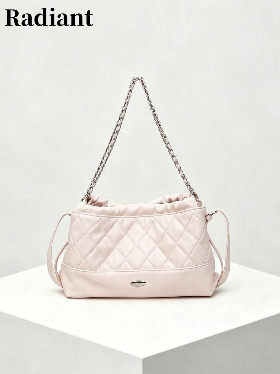 Women's Shoulder Handbag, Quilted Faux Leather With Metal Chain, Detachable Crossbody Strap, Minimalist Everyday Bag