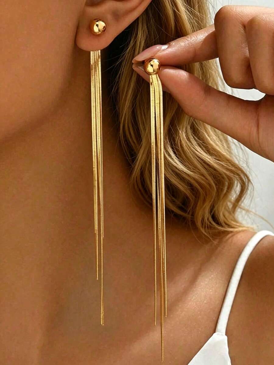 2pcs Elegant Daily Tassel Earrings, Metal Ball Stud Tassel Drop Earrings, Women's Fashion Evening Party Accessories - Style 1 - View 1