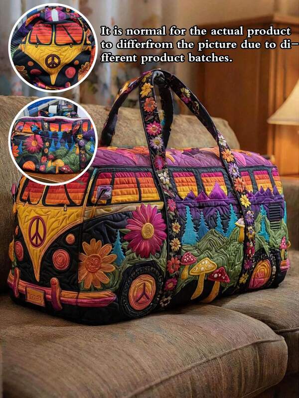 Bohemian Vintage Bus Print Travel Bag, Large Capacity Foldable Tote Bag, Storage Bag, Featuring Natural Landscapes And "STAY WILD" Slogan, Suitable For Christmas, Halloween, Short Trips, Gym Or Clothing Storage, Large Capacity Handbag Design, Personalized Design