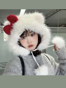 Cute Bow Plush White Earmuff Hat, Thick Warm Fluffy Beanie For Women, Daily Wear In Autumn/Winter - Multicolor - View 8