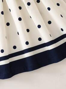 Young Girl Preppy Polka Dot Dress, Collared Bow Elastic Waist Long Sleeve Versatile Dress For Back To School, Spring Autumn Winter - Black and White - View 5