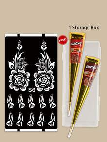 3PCS (1 Warna Cokelat + 1 Pasta Henna Merah Tua + 1 Templat Bunga) Set Kombo Krim Tato Henna untuk Seni Kuku dengan Kotak Penyimpanan, Tinta Tato Semi-Permanen Berbasis Tanaman untuk Tangan dan Tubuh - MultiWarna - View 2