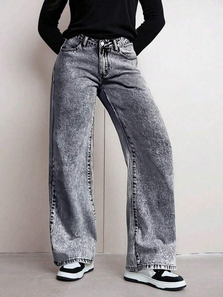 Teen Girls' Fashionable Versatile Washed Straight Leg Jeans - Grey - View 5