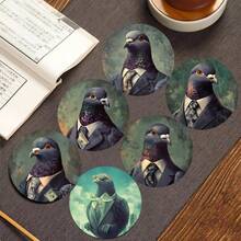 6pcs Heat-Insulating Wooden Coasters, Creative Suit Pigeon Pattern, Suitable For Home, Office And Party Beverage Coasters, Durable Absorbent Coasters, Perfect Holiday Gift - Multicolor - View 1