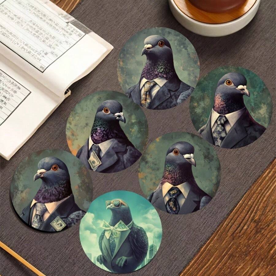 6pcs Heat-Insulating Wooden Coasters, Creative Suit Pigeon Pattern, Suitable For Home, Office And Party Beverage Coasters, Durable Absorbent Coasters, Perfect Holiday Gift - Multicolor - View 1