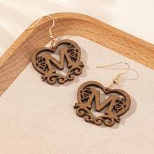 Women's Personalized Initial Wooden Earrings, Hollow Heart Daisy Flower Pattern 26 Letter Dangle Earrings - Brown - View 32
