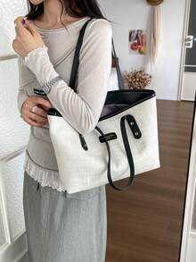 歐美跨境女款個性化大容量極簡亞麻托特包，新款菱格紋絎縫通勤單肩托特包 - 黑色 - 查看 3
