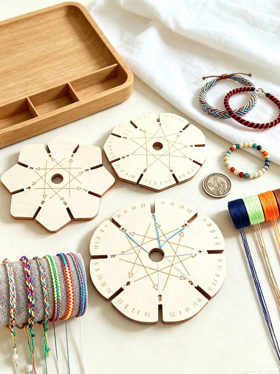 Natural Round Woven Tray, Portable Handmade Jewelry Weaving Board, DIY Rope Bracelet Making Tool, Suitable For Beginners - Multicolor - View 1