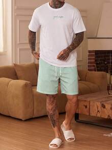 Men's Summer Crew Neck Slogan Print Casual T-Shirt And Casual Shorts Loungewear Set - White - View 5