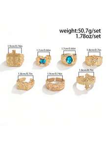 7pcs Fashion Hip Hop Punk Liquid Geometric Metal Rings, Rhinestone Inlaid, Adjustable Knuckle Rings, Gift, Holiday Gift, Men's Ring Set - Yellow Gold - View 6
