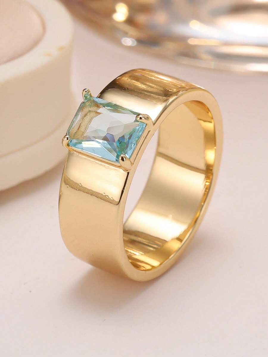 1 Buah Cincin Wanita Warna Emas Pita Lebar Persegi dengan Batu Zirkonia Kubik Biru Muda, Perhiasan Jari Minimalis Tebal Warna Tembaga, Hadiah Perhiasan Jari - cincin geometris - View 1