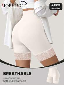 Morelect 4pcs Women's Plus Size Mid-High Waist Panties, Safety Shorts, Breathable & Comfortable, Lace Patchwork, Soft & Minimalist - Multicolor - View 3