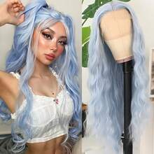 Gorgeous Blue Loose Wave Lace Front Wigs 26 Inch Pre Plucked Long Wavy Hair Wigs Glueless Light Blue Hair Heat Resistant Fiber Hair 13X4 Loose Wavy Synthetic Hair Replacement Wigs For Women Perfect For Daily Wear & Parties - 藍色 - 查看 1