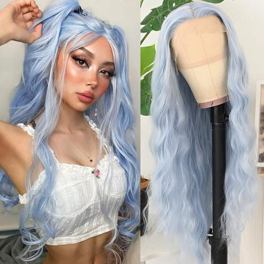 Gorgeous Blue Loose Wave Lace Front Wigs 26 Inch Pre Plucked Long Wavy Hair Wigs Glueless Light Blue Hair Heat Resistant Fiber Hair 13X4 Loose Wavy Synthetic Hair Replacement Wigs For Women Perfect For Daily Wear & Parties - 藍色 - 查看 1