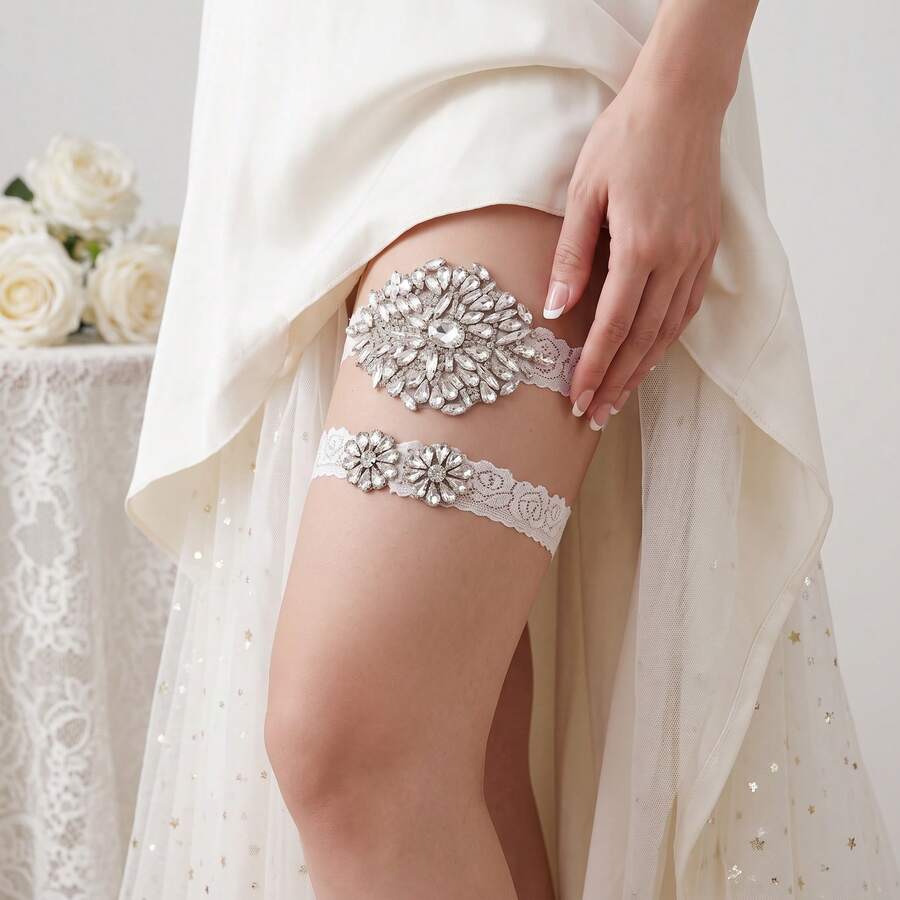 2pcs/Set Garter Pengantin Berkilau dengan Hiasan Berlian Imitasi, Set Pita Kaki Elastis Renda Romantis untuk Wanita, Perhiasan Pesta Pernikahan