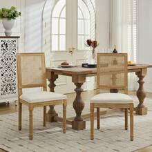 French Farmhouse Dining Chairs Set Of 2, Distressed Solid Wood Frame, Square Woven Rattan Back, Breathable Linen Upholstered Chair, Cushion With Foam & Steel S Spring, Vintage Side Chairs,DE1779BG - Beige - View 1