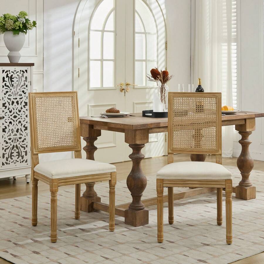French Farmhouse Dining Chairs Set Of 2, Distressed Solid Wood Frame, Square Woven Rattan Back, Breathable Linen Upholstered Chair, Cushion With Foam & Steel S Spring, Vintage Side Chairs,DE1779BG - Beige - View 1
