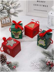5pcs/10pcs Christmas Window Gift Boxes, Thickened White Cardboard Square Shape, Ribbon Handle With Bow, Unique Transparent Window, Christmas Tree Star Reindeer Pattern, Easy To Fold Candy Dessert Packaging Gift Box, Suitable For Christmas New Year Party Children Gifts - View 5