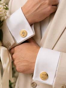 2PCS Personalized Customized Multi-Color Premium Metal Shirt Cufflinks, French Business Suit Cufflinks For Men, Gold Black Square Round, Groom Groomsmen Bride Father Outfit Accessories - Multicolor - View 5