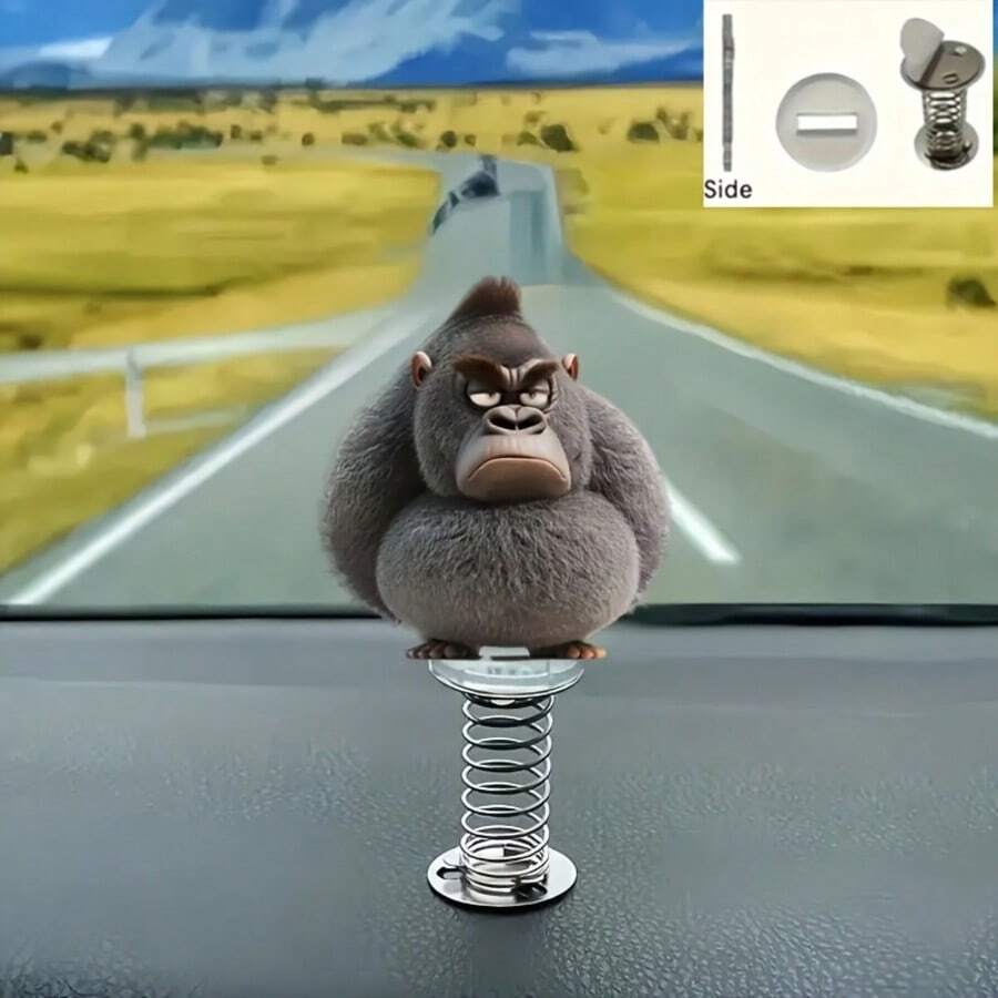 2D Flat Acrylic Gorilla Face Character Figurine With Spring Base, Black & Gray Animal Accessory For Dashboard, Backpack, Office, Fun Gift For Animal Lovers And Primate Fans, Easy Installation - A - View 1