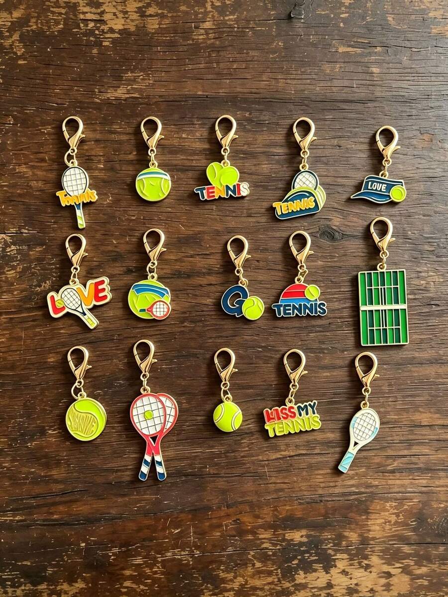 15pcs Tennis Sports Keychain, Tennis Enamel Pendant, Sports Racket Ball Charm Keyring, Cute Tennis Sports Theme Accessories, Suitable For Bags, Wallets, Gift For Tennis Lovers - Multicolor - View 1