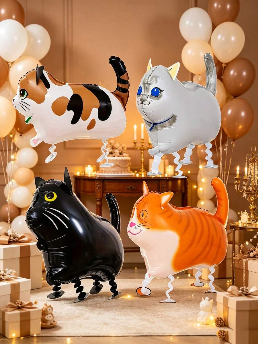 4pcs Walking Cat Balloons, Suitable For Pet Cat Birthday Party Decoration, Halloween Decoration, Christmas Decoration - View 1