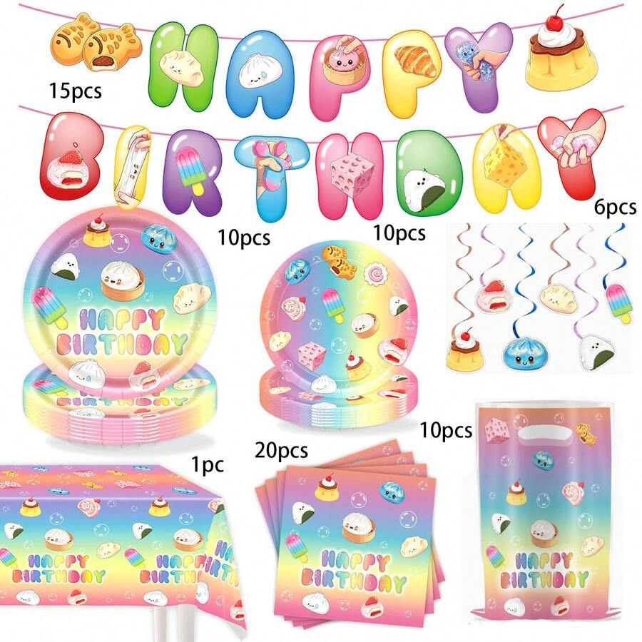 72pcs Dumpling Theme Birthday Party Decoration Set, Party Supplies, Paper Plates, Napkins, Paper Cups, Tablecloth, Party Tableware Set, Fan Gifts, 7-Inch Paper Plates, 9-Inch Paper Plates, Bunting, Gift Bags, Hanging Decorations And Napkins. Suitable For 10 Guests. Perfect For Birthday Parties, Holiday Celebrations And Outdoor Parties - Multicolor - View 1
