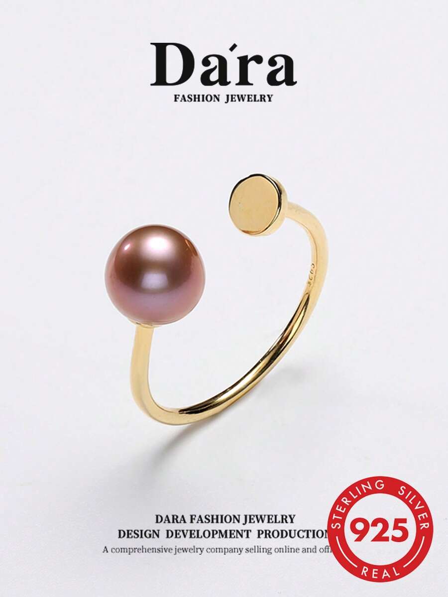DARA S925 純銀珍珠開口戒指，7-9mm 淡水珍珠，女性奢華禮盒裝，隨機發貨