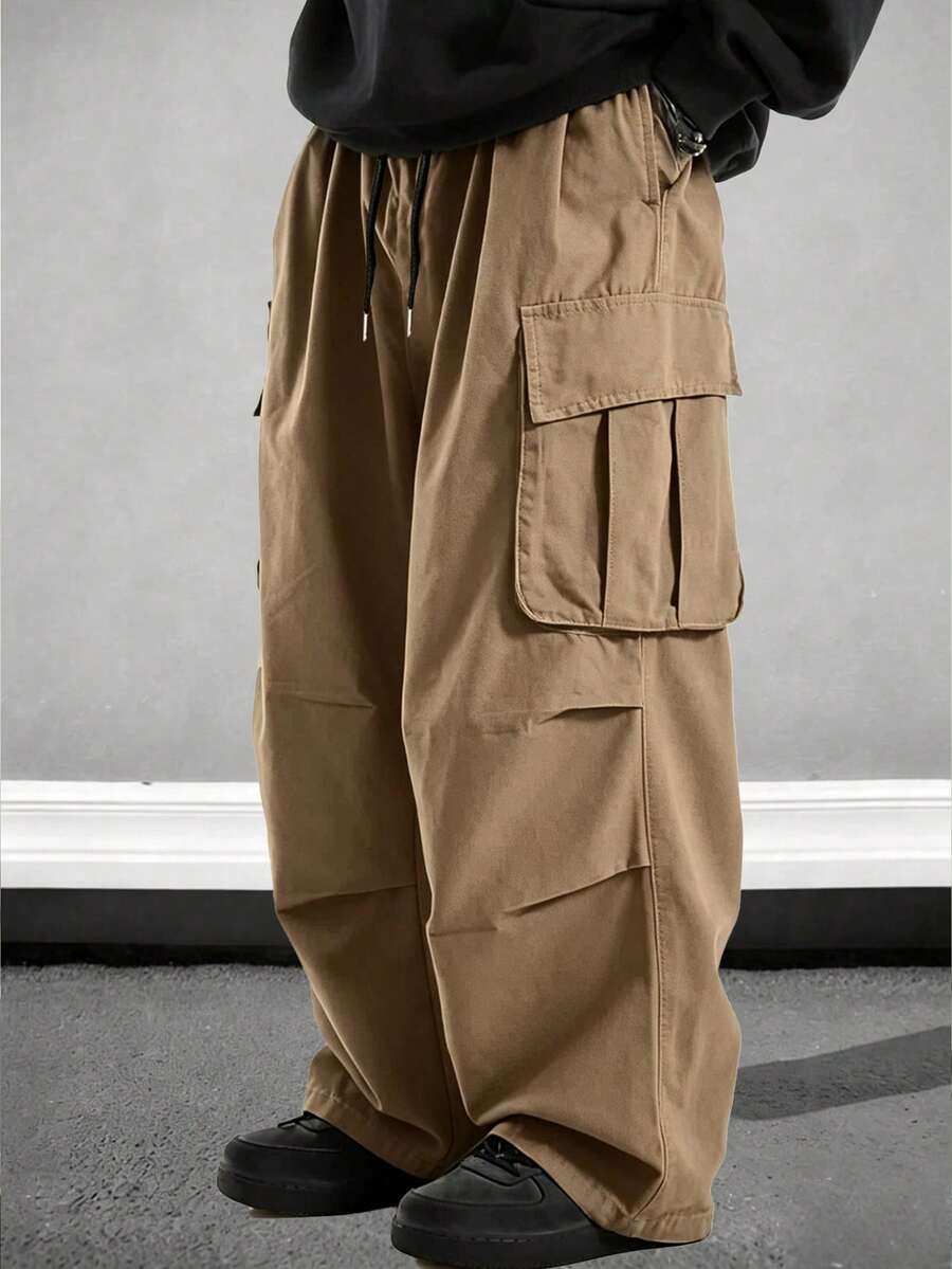 1PC Men's Summer Lightweight Cargo Casual Pants With Large Side Pockets, Loose Straight Leg, Elastic Drawstring High Waist Slimming Cargo Long Pants - Khaki - View 1