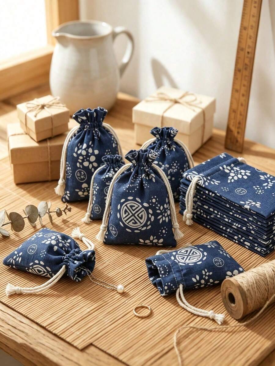 Linen Drawstring Storage Bag For Her/Him, Small Fabric Sachet Bag, Colorful Geometric Traditional Print, Soft Rope Closure, Durable Foldable Gift Bag, Suitable For Home, Office, Wedding, Party, Jewelry, Handmade, Market Stall And Travel Storage - Regular Model - View 1