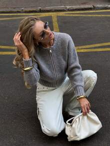 Women's Autumn/Winter Casual Grey Ribbed Zip-Up Thickened College Style Short Knit Cardigan, Round Neck Loose Long Sleeve Short Halloween Sweater Jacket - Grey - View 7