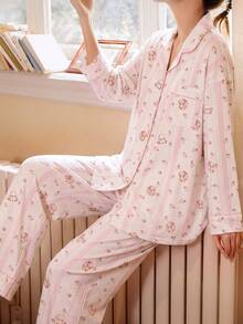 Gongdie 2 Pieces Women Pajama Set,Fall Pink Striped Soft Cotton Loungewear With Contrast Piping And Pocket - Pink - View 2
