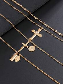 4pcs Minimalist Cross Pendant Necklace Set, Geometric Metal Chain, Casual Daily Wear For Men & Women, Holiday Gift - Gold - View 4