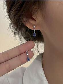 Rhinestone Water Drop Earrings - Silver - View 1