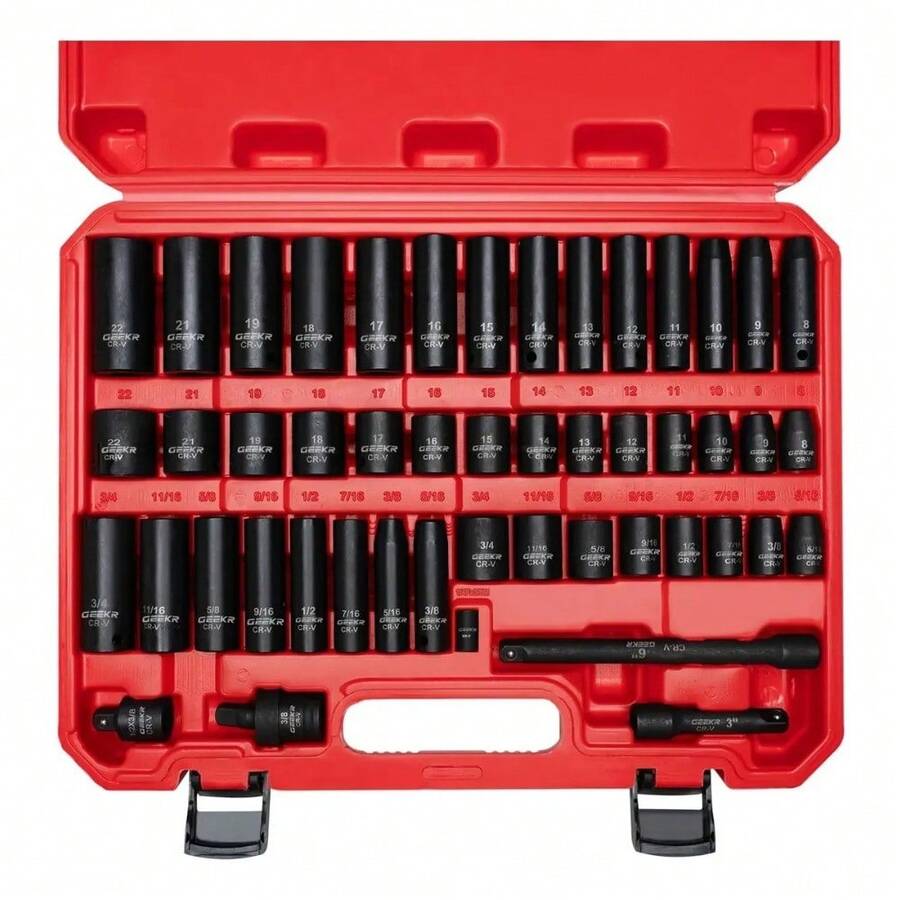 52 Pcs Juego De Dados 3/8 Estandar Alto Impacto Industriales,acero Al Cromo Vanadio Negro Mate - rojo - Ver 1