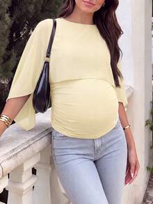 孕婦圓領上衣，垂墜雪紡袖口搭配側面抓皺設計，高彈性休閒通勤日常外出孕婦T恤 - 杏色 - 查看 1