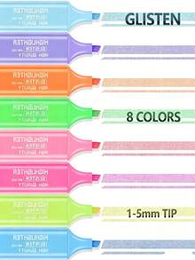 8pcs Metallic/Fluorescent Highlighter Pen Set, Glitter Pens With 1-5mm Beveled Tip, Quick-Drying And Smudge-Proof, Colorful Marker Pens For Students To Highlight And Mark, Suitable For Bullet Journaling And Artistic Creation - Default - View 8