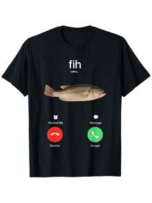 Slogan Graphic Funny - Fih Calling Remind Me Message Decline Accept Phone Call Fish T-Shirts - 100% Cotton Men &Amp; Men Loose Sports T-Shirt - Black - View 1
